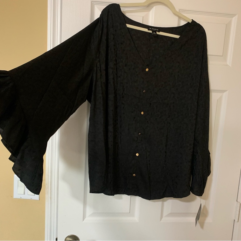 I.N. Studio Black Button Front Long Ruffle Sleeve Blouse - Picture 3 of 5